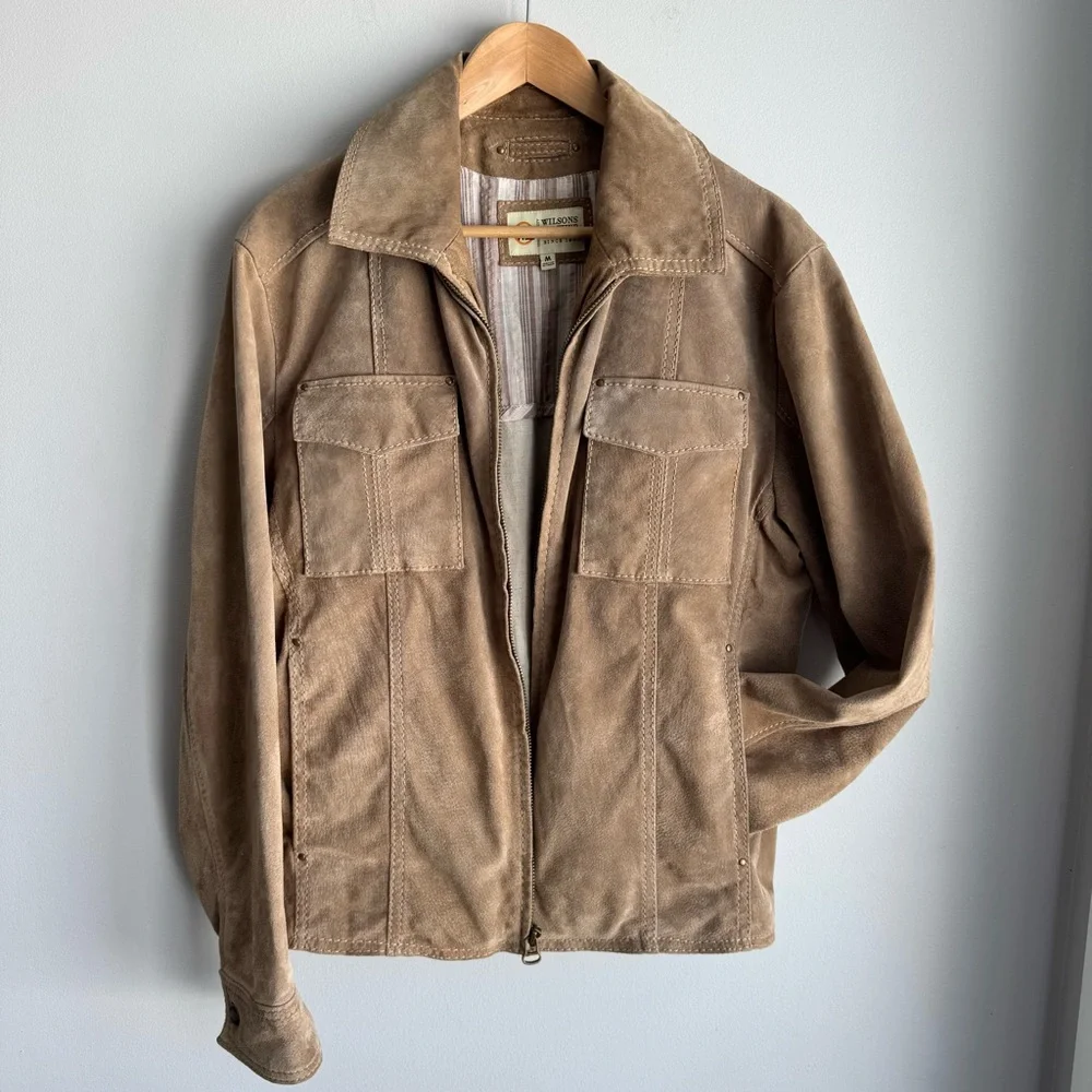 Vintage 90s Y2K Wilsons Leather Suede Jacket Womens M Tan Utility Capsule EUC - Picture 2 of 15